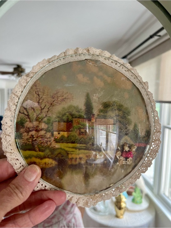 Other - Vintage Round Convex Framed Cottage Landscape scene with a few dry flowers.